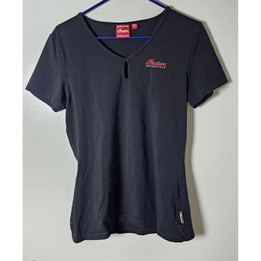 Indian Motorcycle Womens Black Keyhole V-Neck Graphic T-Shirt Logo Size Large
